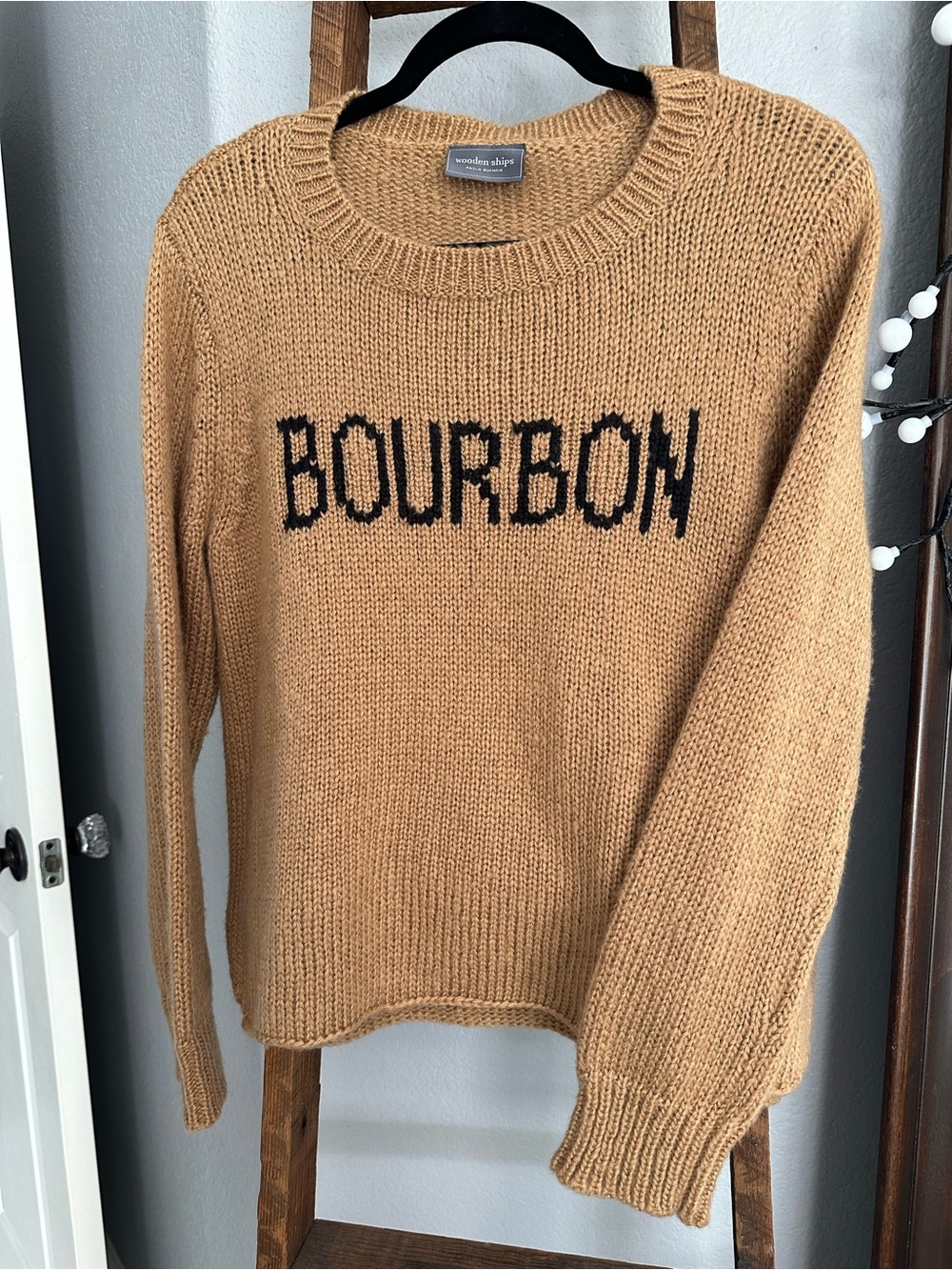 Wooden Ships Camel Crewneck Sweater with Black BOURBON Text size S/M
